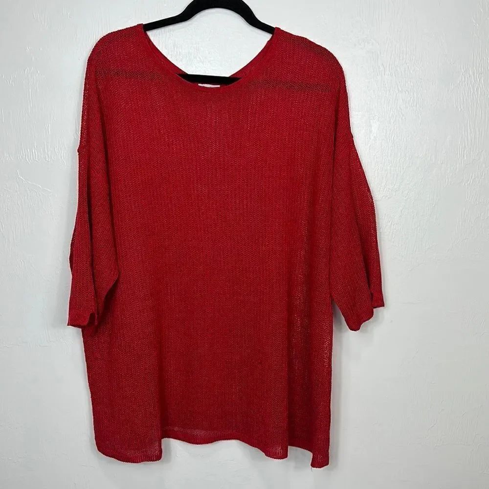 J. Jill Red Open Knit 3/4 Sleeve Pullover Tunic Size 2X